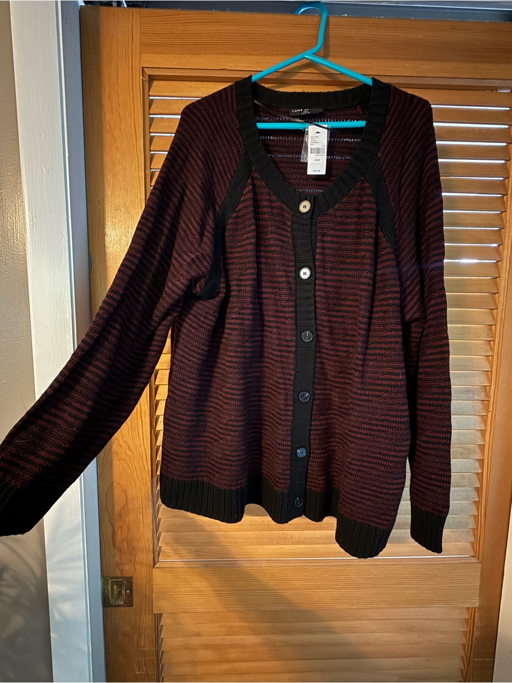 Lane Bryant Burgundy and Black Striped Button-Front Cardigan